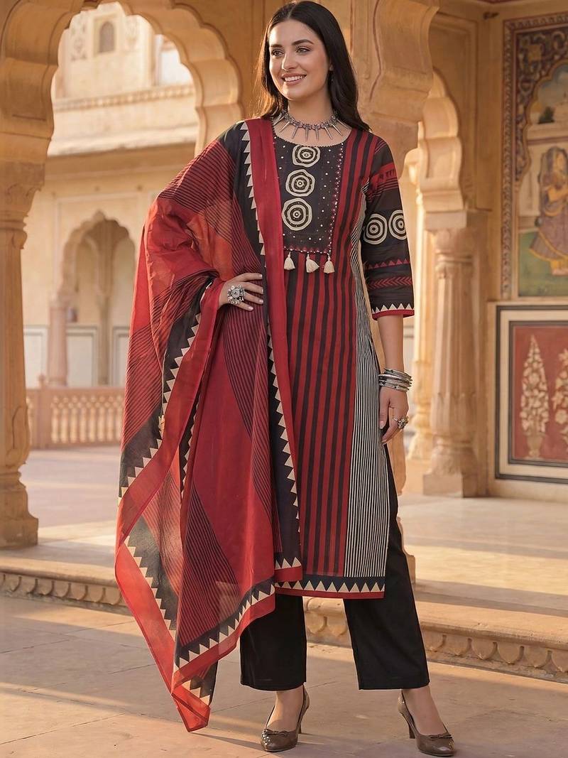 women ethnic motifs printed regular cotton kurta with trousers & with dupatta