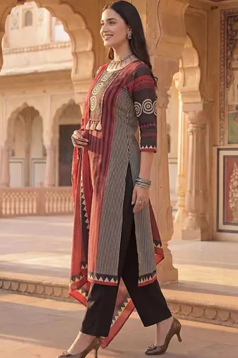 women ethnic motifs printed regular cotton kurta with trousers & with dupatta