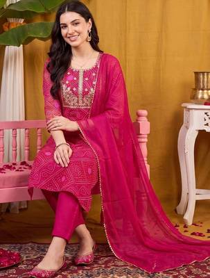 women bandhani printed regular thread work kurta with trousers & with dupatta 1