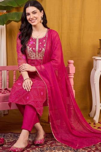 women bandhani printed regular thread work kurta with trousers & with dupatta