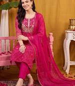 women bandhani printed regular thread work kurta with trousers & with dupatta