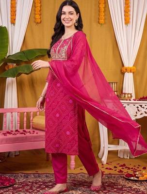 women bandhani printed regular thread work kurta with trousers & with dupatta 2
