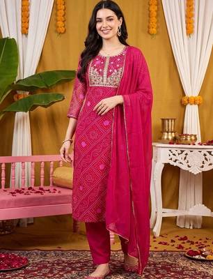 women bandhani printed regular thread work kurta with trousers & with dupatta 3