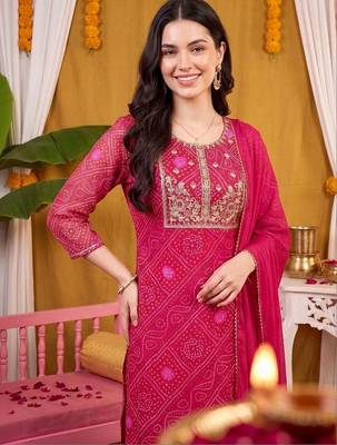 women bandhani printed regular thread work kurta with trousers & with dupatta 4