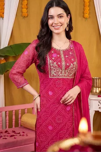 women bandhani printed regular thread work kurta with trousers & with dupatta