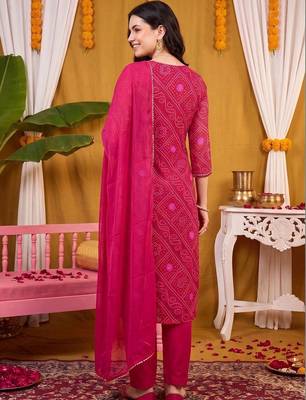 women bandhani printed regular thread work kurta with trousers & with dupatta 5