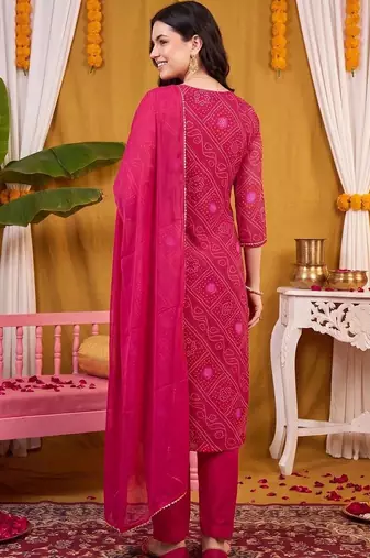 women bandhani printed regular thread work kurta with trousers & with dupatta