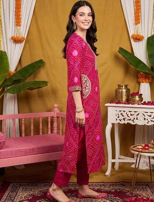 women bandhani printed regular thread work kurta with trousers & with dupatta 6