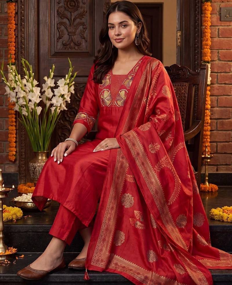 women ethnic motifs embroidered regular thread work kurta with trousers & with dupatta