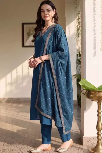 women ethnic motifs regular kurta with trousers & with dupatta