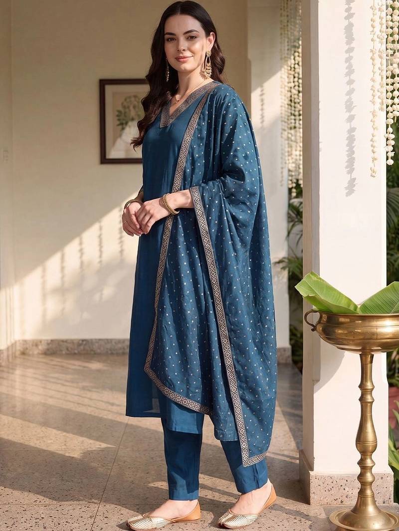 women ethnic motifs regular kurta with trousers & with dupatta