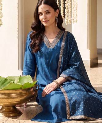 women ethnic motifs regular kurta with trousers & with dupatta 2