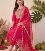 women ethnic motifs embroidered regular kurta with trousers & with dupatta