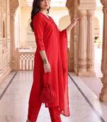 women ethnic motifs embroidered regular thread work kurta with trousers & with dupatta