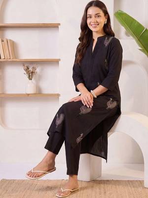 women ethnic motifs embroidered regular thread work cotton kurta with trousers 1