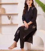 women ethnic motifs embroidered regular thread work cotton kurta with trousers