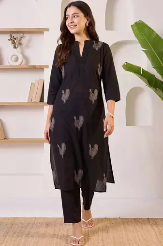 women ethnic motifs embroidered regular thread work cotton kurta with trousers