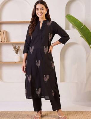 women ethnic motifs embroidered regular thread work cotton kurta with trousers 5