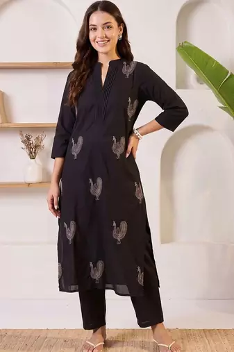women ethnic motifs embroidered regular thread work cotton kurta with trousers
