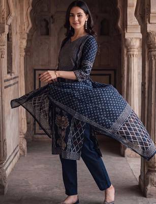 women ethnic motifs printed regular cotton kurta with trousers & with dupatta 2