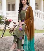 women printed regular cotton kurta with trousers & with dupatta