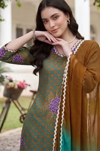 women printed regular cotton kurta with trousers & with dupatta