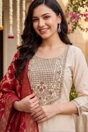 women ethnic motifs embroidered regular thread work kurta with trousers & with dupatta