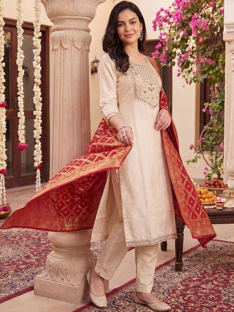women ethnic motifs embroidered regular thread work kurta with trousers & with dupatta