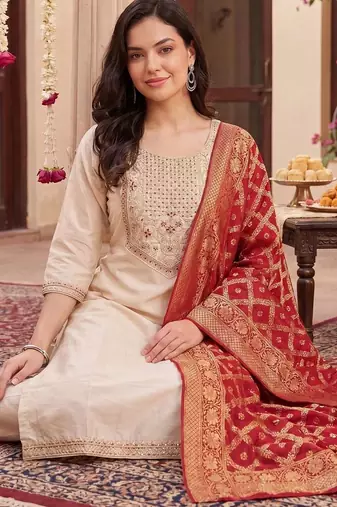 women ethnic motifs embroidered regular thread work kurta with trousers & with dupatta