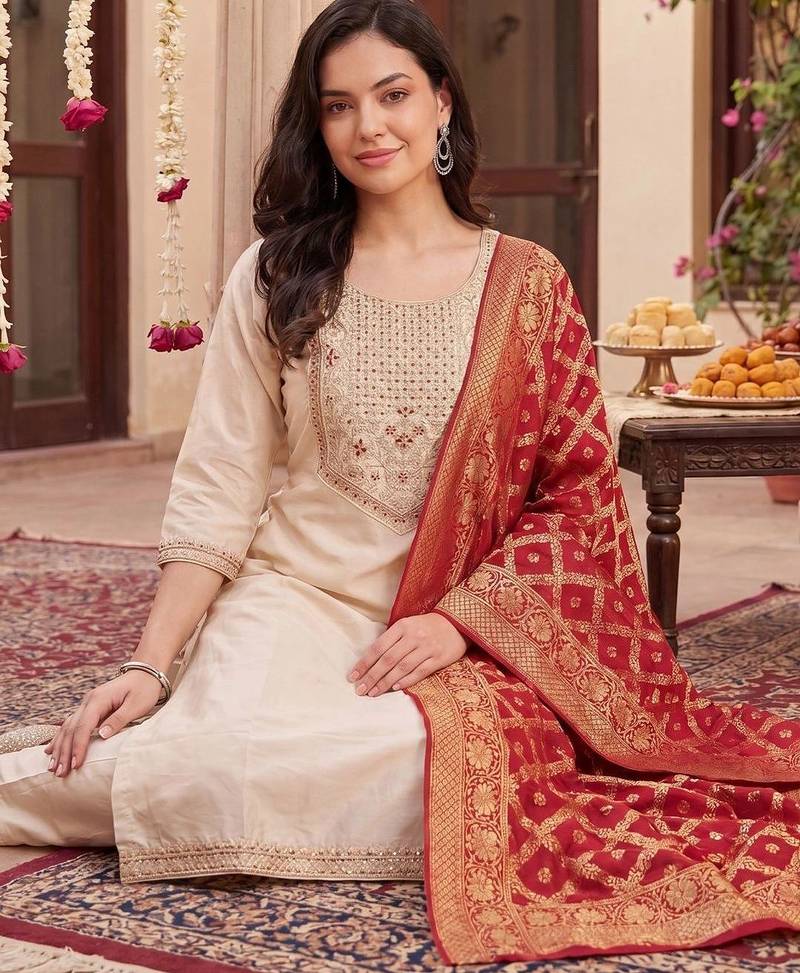 women ethnic motifs embroidered regular thread work kurta with trousers & with dupatta