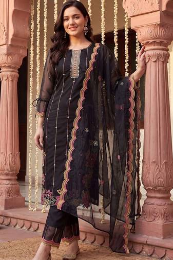 women floral embroidered regular thread work kurta with trousers & with dupatta