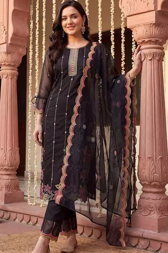 women floral embroidered regular thread work kurta with trousers & with dupatta