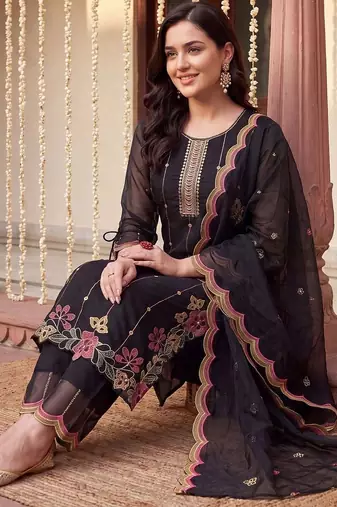 women floral embroidered regular thread work kurta with trousers & with dupatta