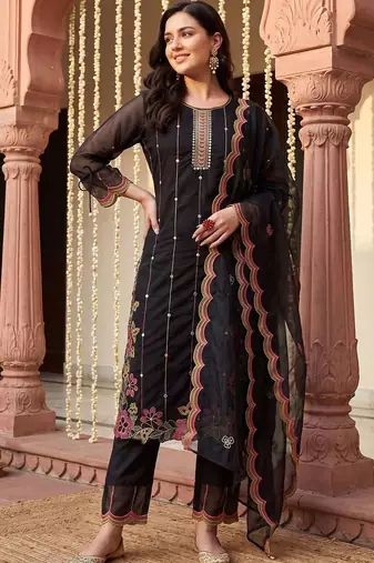 women floral embroidered regular thread work kurta with trousers & with dupatta