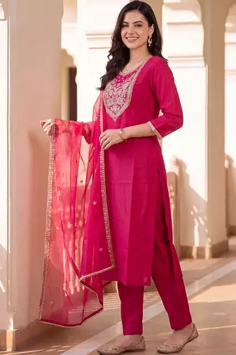women ethnic motifs embroidered regular thread work kurta with trousers & with dupatta