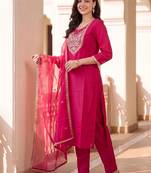 women ethnic motifs embroidered regular thread work kurta with trousers & with dupatta