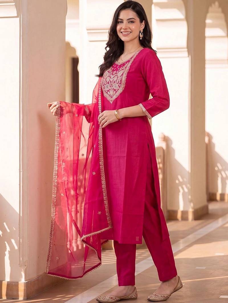 women ethnic motifs embroidered regular thread work kurta with trousers & with dupatta