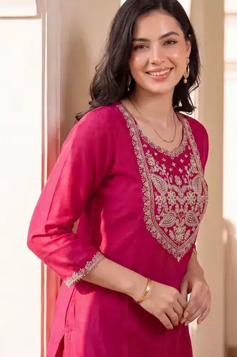 women ethnic motifs embroidered regular thread work kurta with trousers & with dupatta