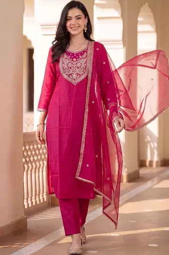 women ethnic motifs embroidered regular thread work kurta with trousers & with dupatta