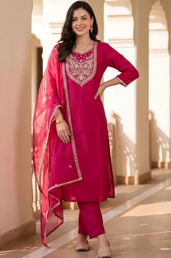 women ethnic motifs embroidered regular thread work kurta with trousers & with dupatta