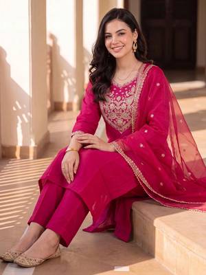 women ethnic motifs embroidered regular thread work kurta with trousers & with dupatta 6