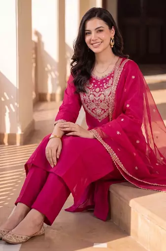 women ethnic motifs embroidered regular thread work kurta with trousers & with dupatta