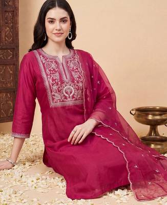 women ethnic motifs embroidered regular thread work liva kurta with trousers & with dupatta 1