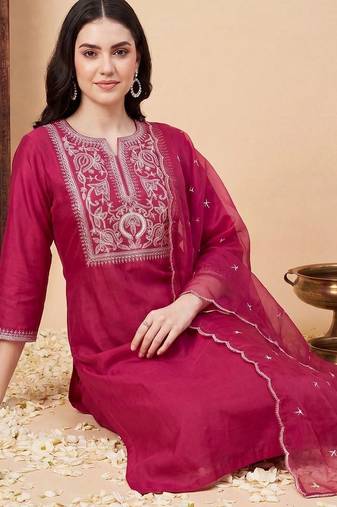 women ethnic motifs embroidered regular thread work liva kurta with trousers & with dupatta