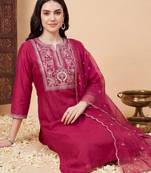 women ethnic motifs embroidered regular thread work liva kurta with trousers & with dupatta
