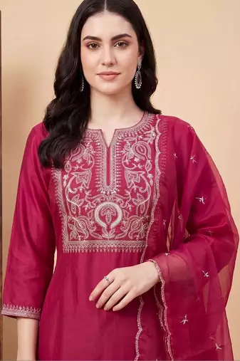 women ethnic motifs embroidered regular thread work liva kurta with trousers & with dupatta