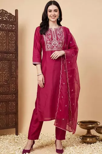 women ethnic motifs embroidered regular thread work liva kurta with trousers & with dupatta