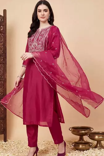 women ethnic motifs embroidered regular thread work liva kurta with trousers & with dupatta