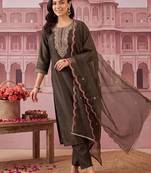 women ethnic motifs embroidered regular thread work liva kurta with trousers & with dupatta