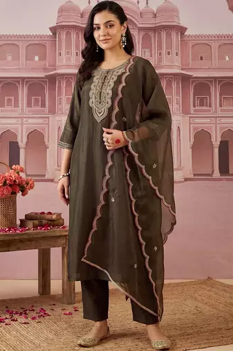 women ethnic motifs embroidered regular thread work liva kurta with trousers & with dupatta